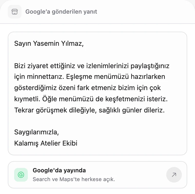 Yoruma Google'da yayınlanan işletme yanıtı