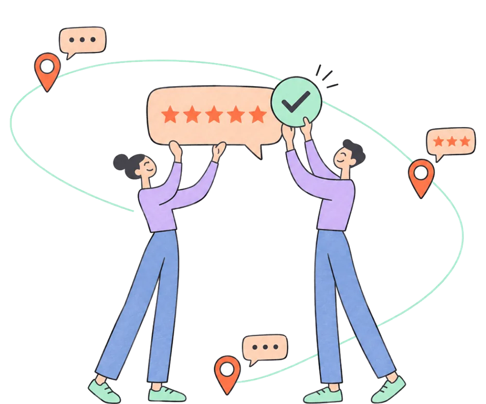 Reviews from different locations gather in one place while a two-person team lifts a five-star review and approves the reply.
